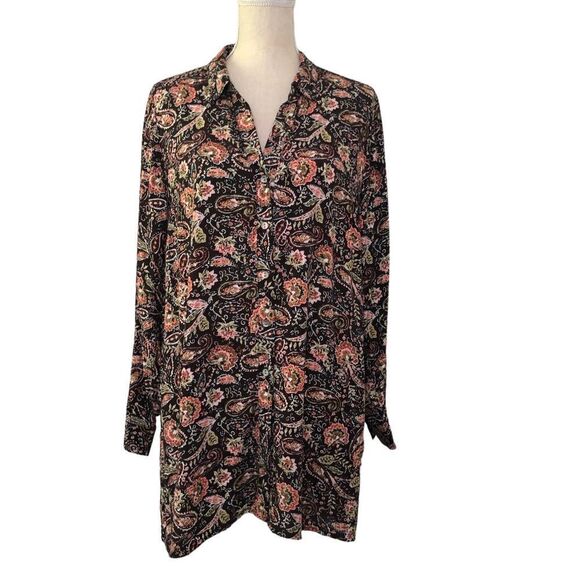 J Jill Dark Floral Paisley Button Front Tunic Top With Pockets Size Large - Picture 1 of 11